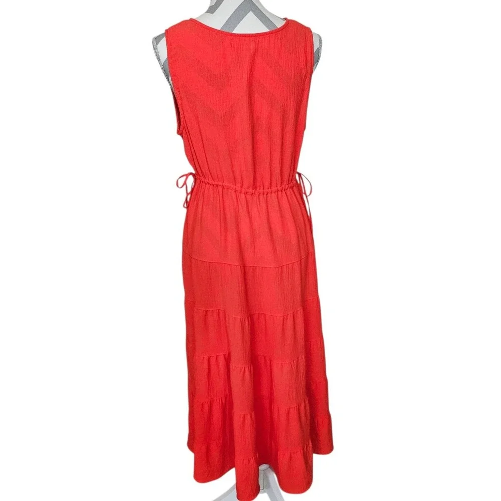 Max‎ Studio Coral Textured Tiered Sleeveless V-Neck Maxi Dress Lg Boho Summer
